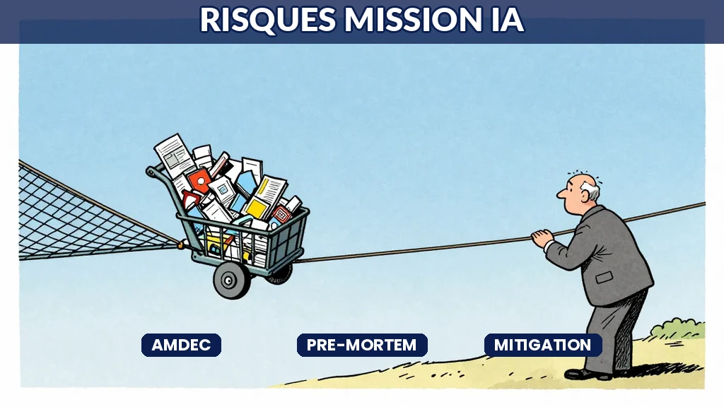 Illustration éditoriale Sempé en tons bleus : consultant devant un registre des risques coloré, des croix en rouge et vert marquent les éléments mitigés, plans d'action à côté.