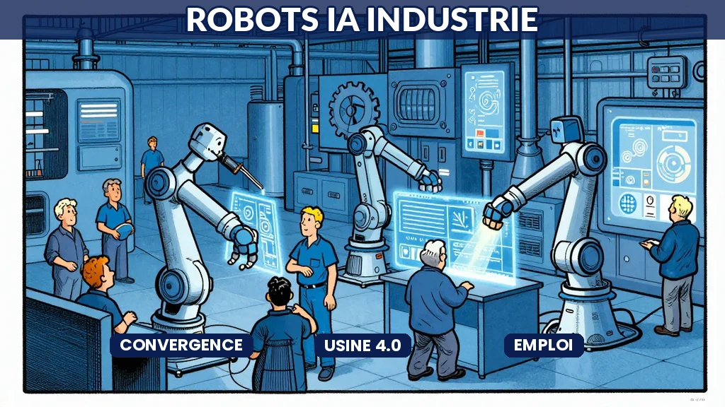 Illustration montrant des robots collaboratifs intelligents travaillant aux côtés d'humains dans une usine française moderne
