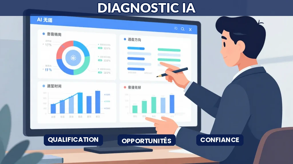 Consultant en IA présentant les résultats d'un diagnostic d'intelligence artificielle sur un écran avec des graphiques d'analyse