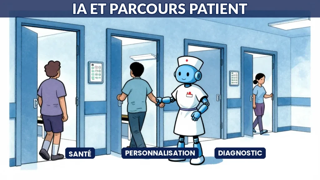 Illustration caricaturale d'un robot infirmier guidant un patient à travers les étapes de soins dans un hôpital moderne