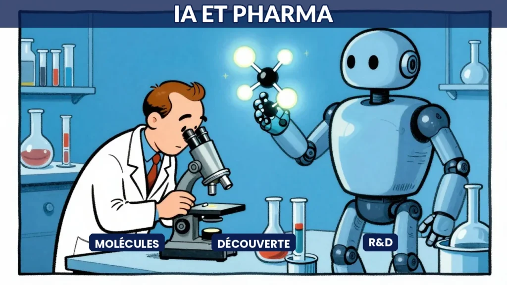 Illustration caricaturale d'un scientifique et d'un robot IA collaborant dans un laboratoire pharmaceutique avec des structures moléculaires