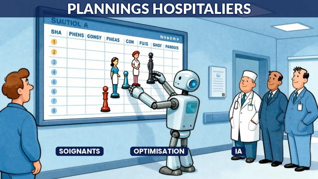 Illustration caricaturale de robots IA orchestrant les plannings dans un hôpital français moderne