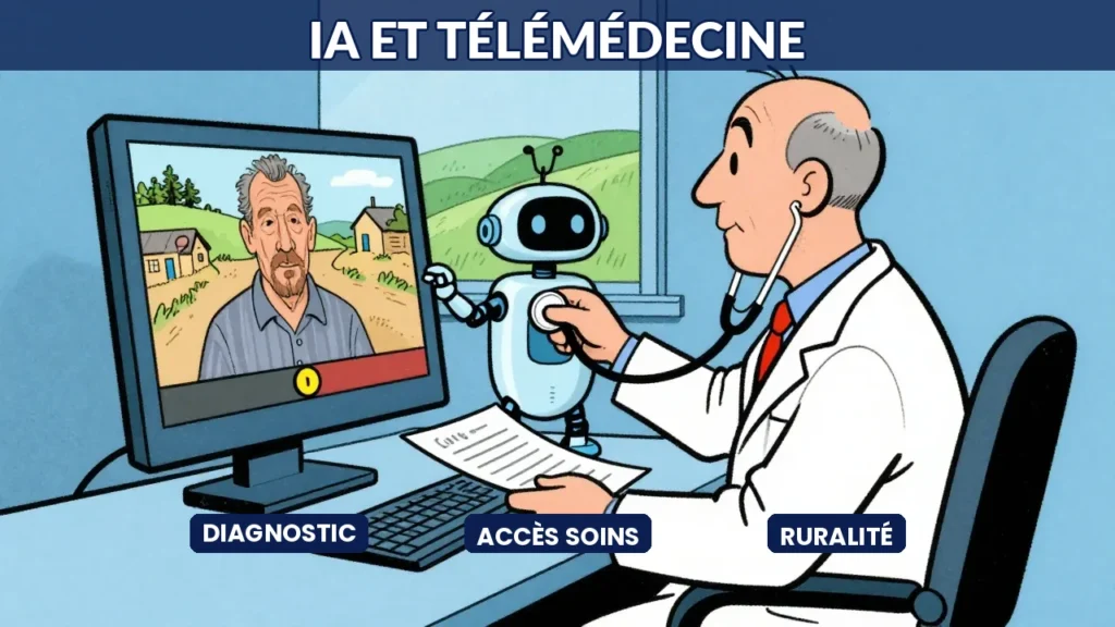 Illustration caricaturale d un médecin en téléconsultation assisté par un robot IA faisant le pont avec un patient en zone rurale