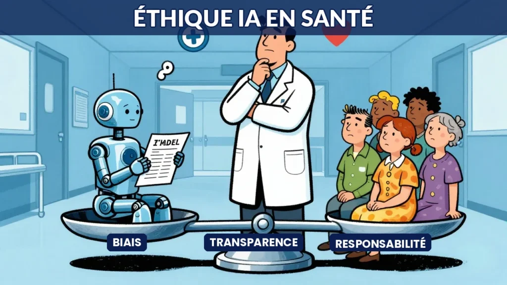 Illustration caricaturale d une balance éthique pesant un robot IA face à des patients dans un hôpital avec un médecin pensif