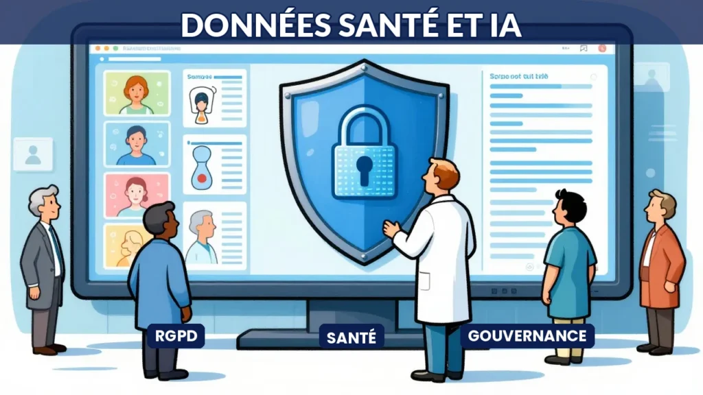 Illustration d'un médecin protégeant des données de santé avec un bouclier IA bleu dans un environnement hospitalier numérique sécurisé
