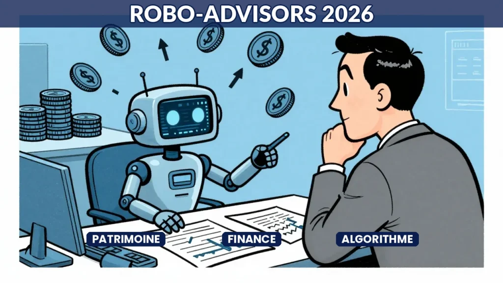Robo-advisor moderne en costume donnant des conseils financiers à un client, style cartoon satirique avec tons bleus, symboles de richesse et stratégies d'algorithme