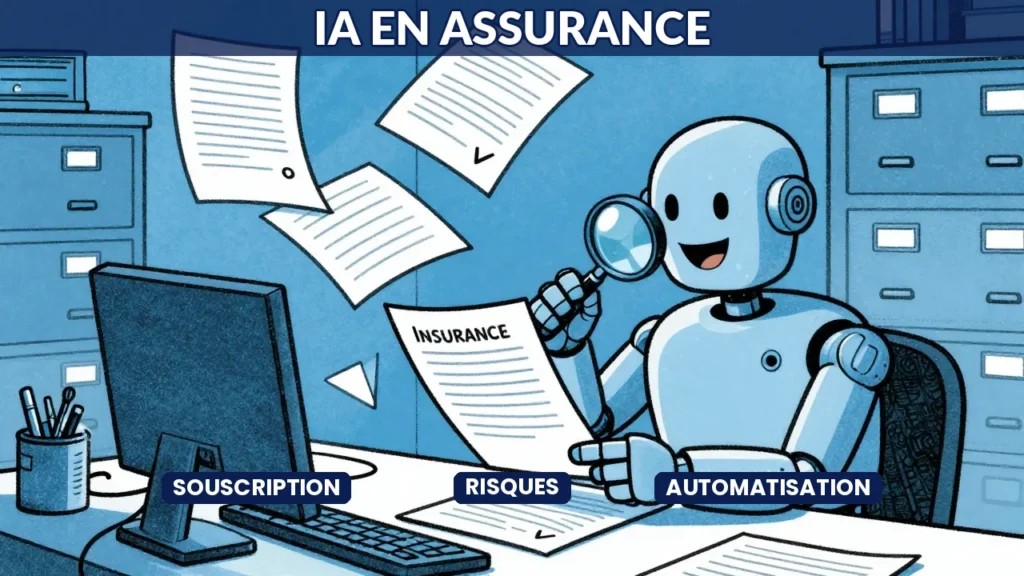 Robot assistant IA analysant des dossiers d'assurance avec loupe, style caricature satirique, tons bleus dominants, illustration Sempé New Yorker
