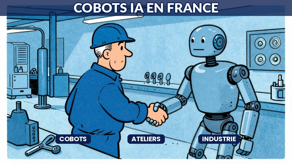 Ouvrier français serrant la main robot collaboratif sur ligne production avec casques sécurité