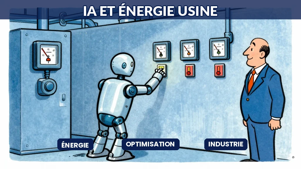 Robot IA éteignant lumières et ajustant thermostats dans usine avec compteurs énergie en baisse