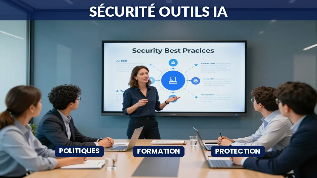 Responsable sécurité informatique français présentant à son équipe les règles d'utilisation sécurisée des outils d'intelligence artificielle