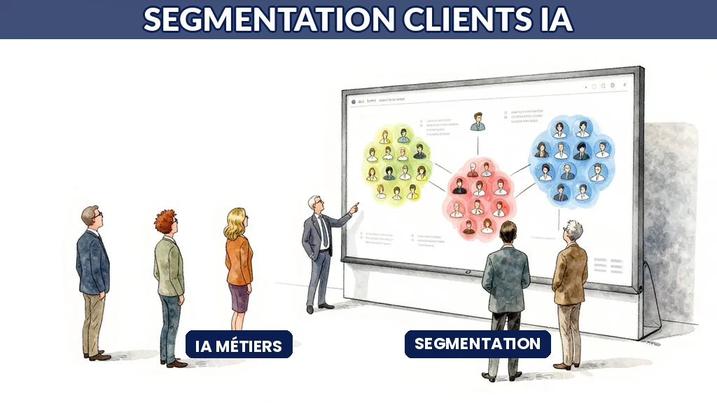 Professionnels marketing analysant des segments clients avancés sur un grand écran IA