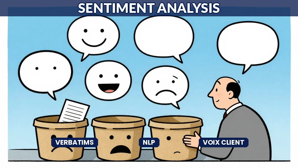 Illustration Sempé montrant des feedbacks client flottants avec des indicateurs émotionnels, tons bleu tendre et vert tendre