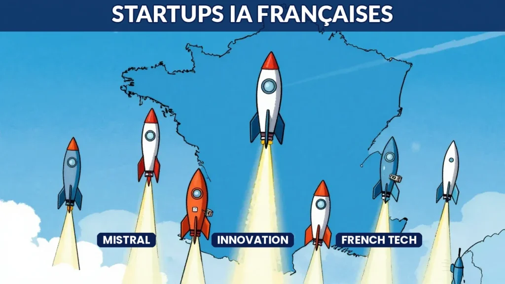 Startups IA françaises à suivre en 2026 - fusées colorées décollant depuis la France
