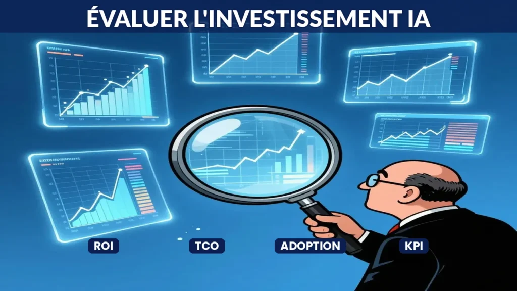 Illustration dirigeant analysant indicateurs financiers investissement IA