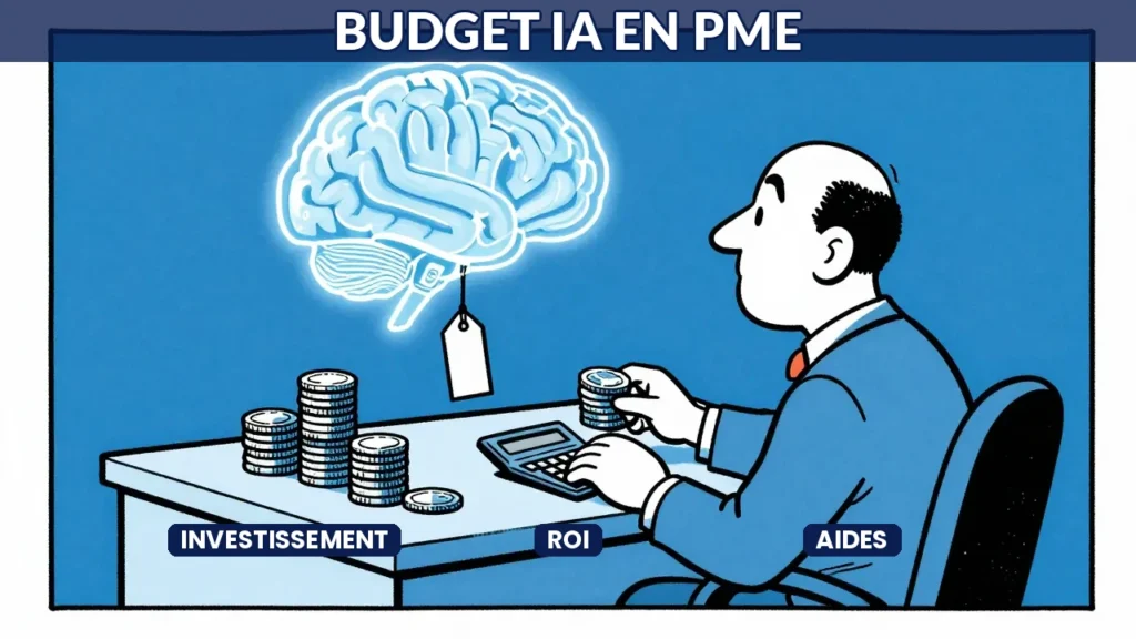 Illustration caricaturale d'un dirigeant de PME calculant son budget IA avec une calculatrice face à un cerveau artificiel lumineux