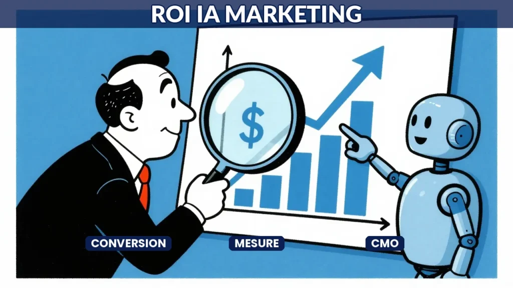 Illustration caricaturale d'un directeur marketing analysant le ROI de l'IA sur un graphique avec un assistant robot