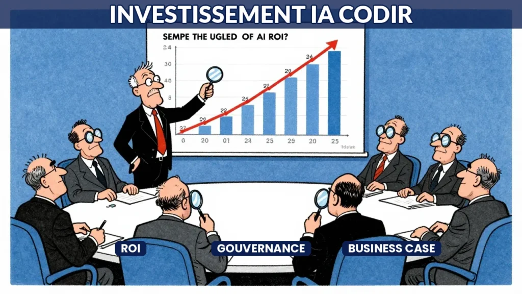 Illustration caricaturale dirigeant nerveux presentant le ROI IA devant un comite de direction sceptique