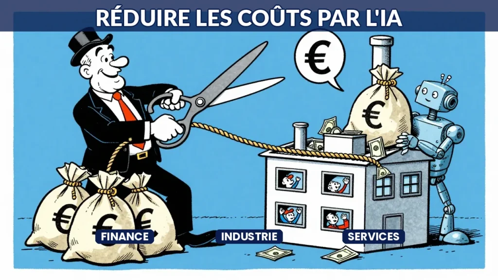 Illustration caricaturale d un directeur financier coupant les coûts opérationnels avec un robot IA dans une usine