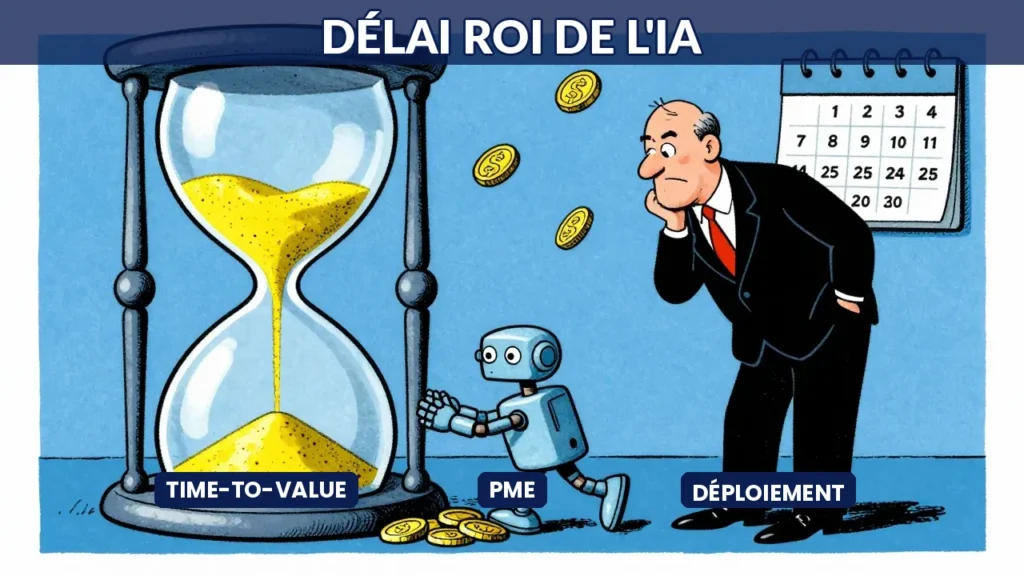 Illustration caricaturale d un dirigeant impatient devant un sablier où tombent des pièces d or avec un robot IA accélérant le processus