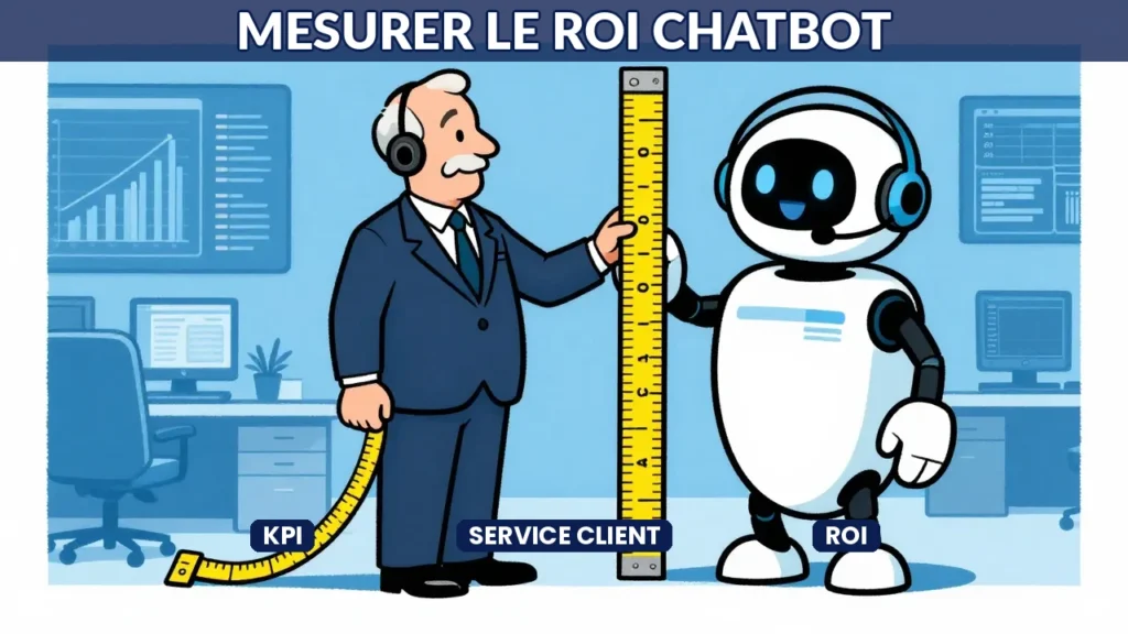 Dirigeant analysant les métriques et performances d'un chatbot de service client sur un tableau de bord