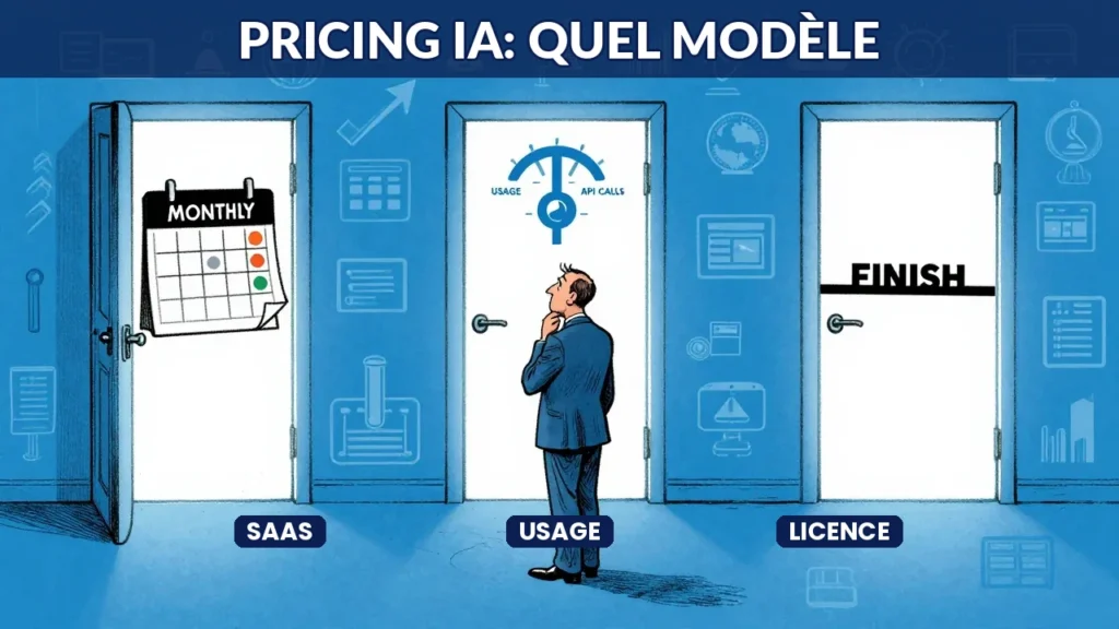 Trois chemins divergents représentant les modèles de pricing SaaS, usage-based et outcome-based pour l'IA