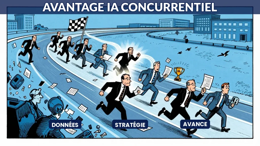 Illustration humoristique : course entre entreprises, certaines en avance grâce à l'IA comme avantage concurrentiel