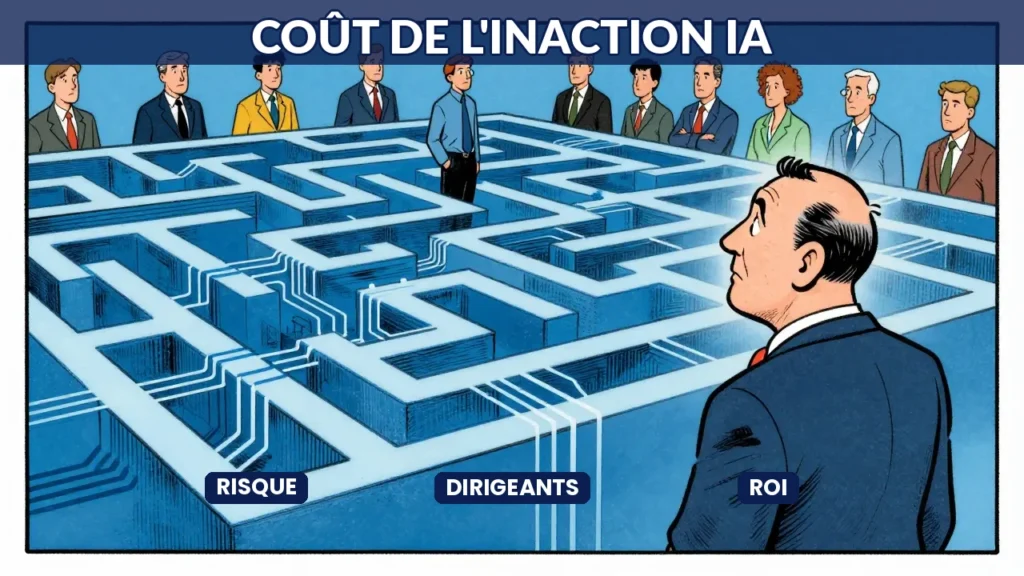 Dirigeant face à un labyrinthe d'IA, hésitant tandis que ses concurrents progressent - illustration du coût de l'inaction en IA