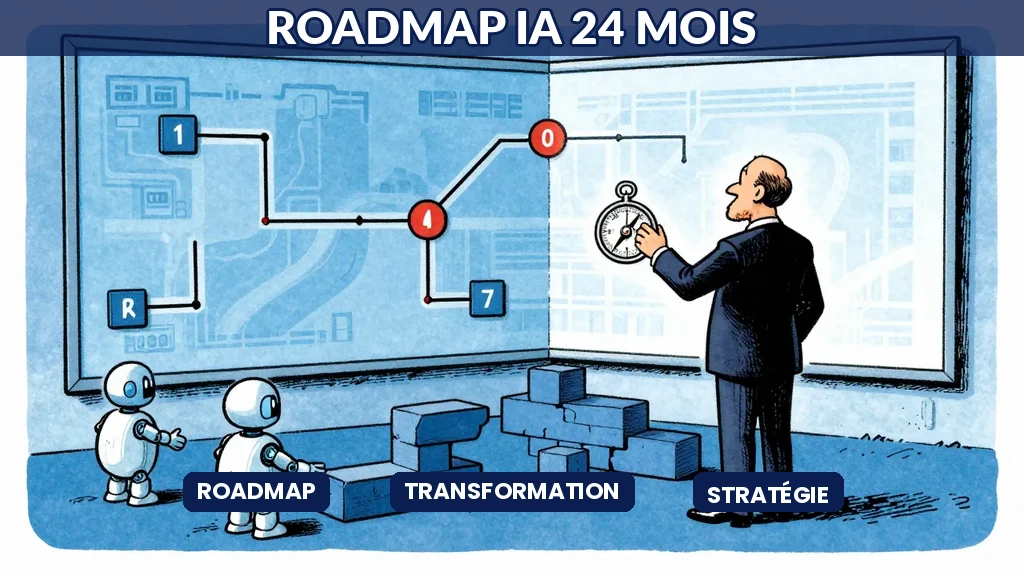 PDG devant une feuille de route IA géante avec des jalons et des robots constructeurs