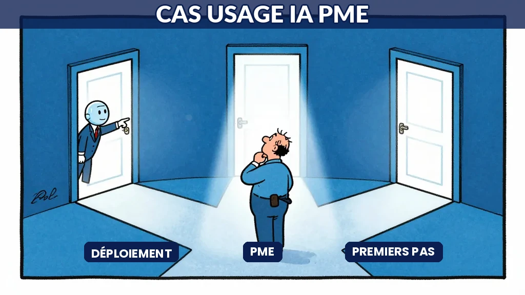 Dirigeant PME devant trois portes illuminées par IA représentant les premiers cas usage
