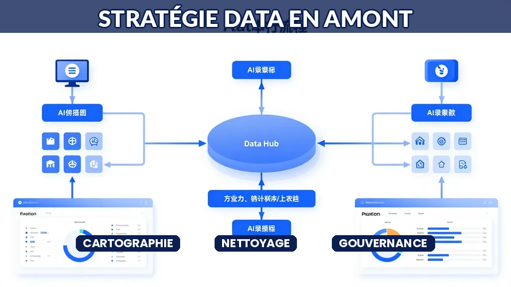 Représentation d'une architecture data centralisée avec flux de données vers des systèmes IA