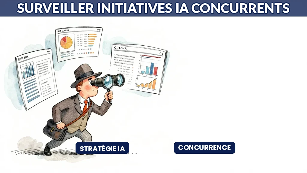Tableau de bord d'analyse concurrentielle montrant les initiatives IA de plusieurs entreprises avec indicateurs de maturité