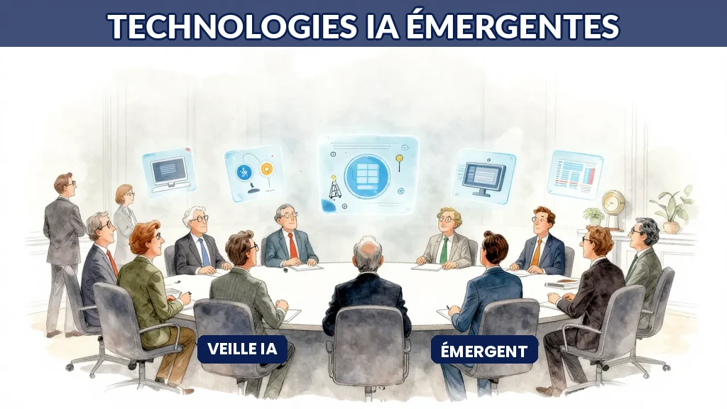Dirigeants français examinant des technologies IA émergentes sous forme d'hologrammes