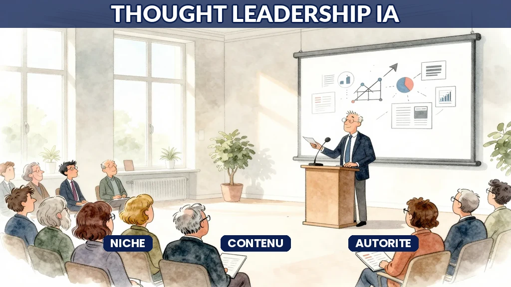 Consultant français se positionnant en thought leader IA lors d'une conférence professionnelle sur son domaine d'expertise