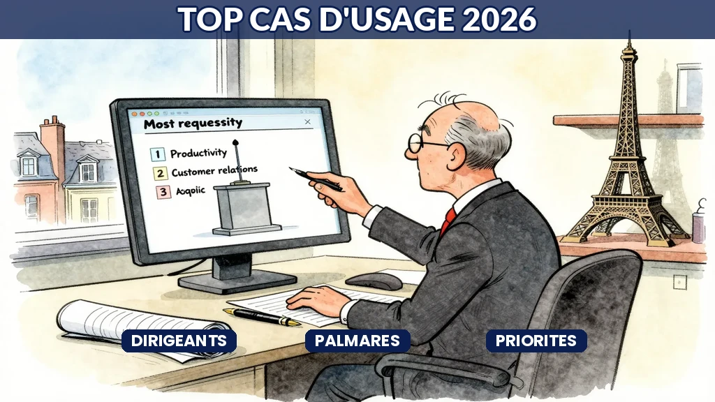 Dirigeant français en costume face à un tableau de bord affichant les cas d'usage IA les plus demandés par les directions générales françaises en 2026