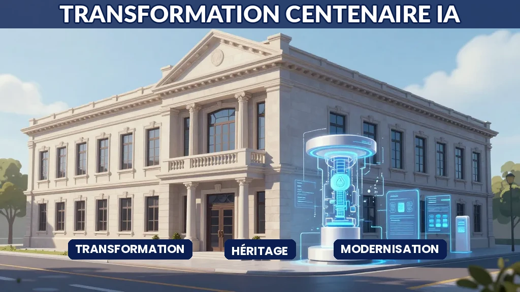 Illustration montrant un immeuble historique se transformant en bâtiment moderne avec technologie IA, symbole de transformation d'entreprise centenaire