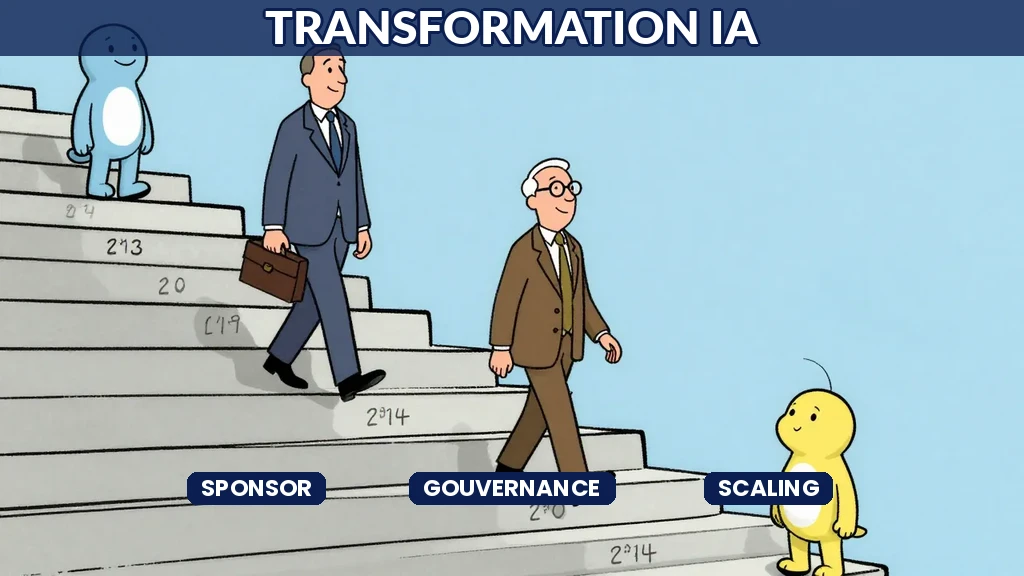 Escalier étapes équipes robots félicité IA mascotte bleus optimistes