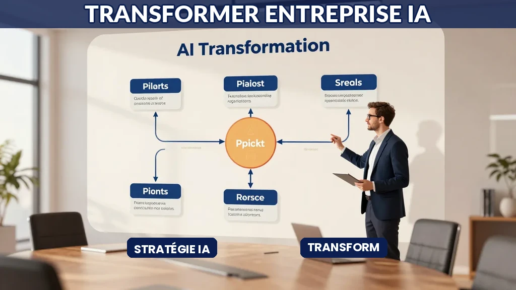 Dirigeant menant transformation IA sans effet de mode avec roadmap stratégique