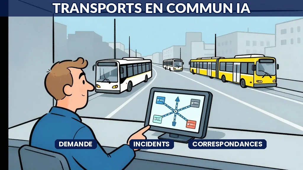 Illustration Sempé : station de métro animée avec voyageurs en bleu ciel et orange, flux de données numériques flottants