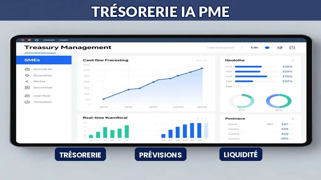 Tableau de bord de trésorerie avec prévisions IA en temps réel, graphiques cash-flow, et alertes d'optimisation