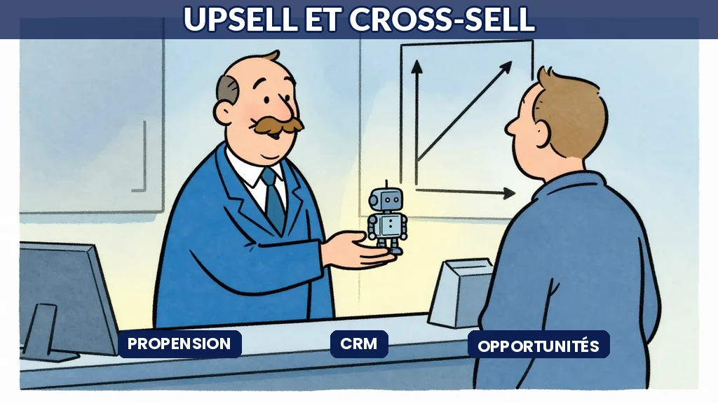 Illustration Sempé montrant un package se dédoublant avec des signaux de croissance, tonalité bleu-vert moderne