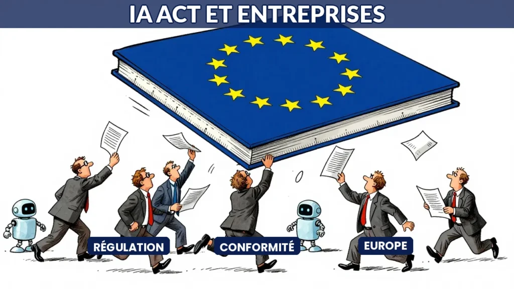 Illustration caricaturale de dirigeants français face au règlement européen IA Act