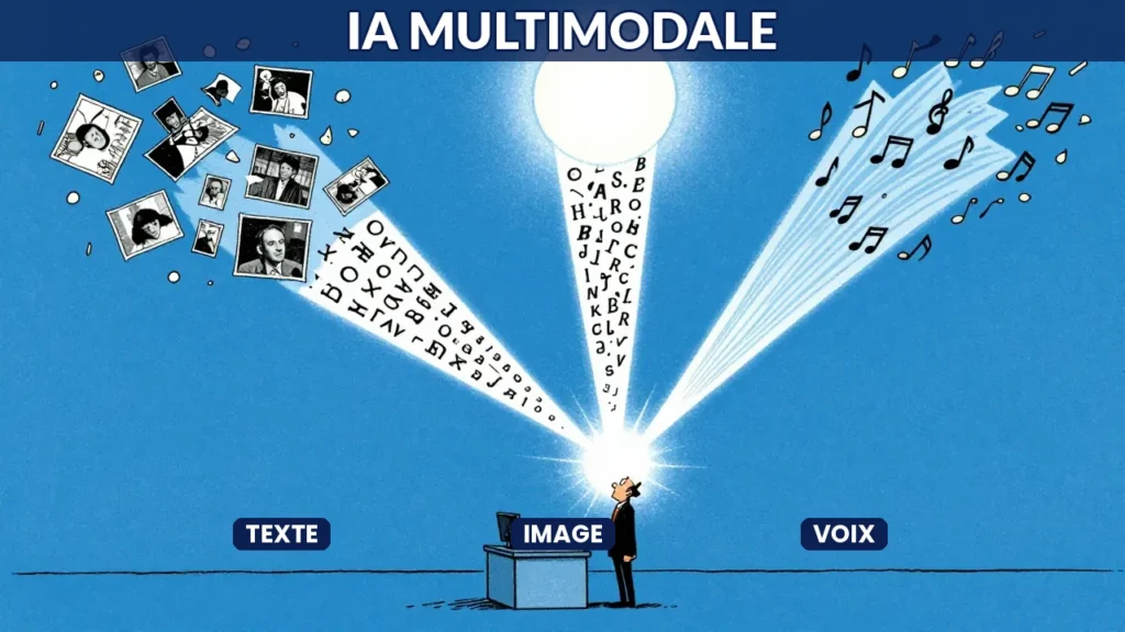 Illustration caricaturale de trois flux lumineux texte image et voix convergeant en un seul outil IA multimodal