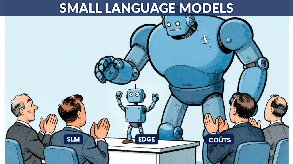Illustration caricaturale d'un petit robot compact surpassant un robot géant épuisé, symbolisant les Small Language Models en entreprise