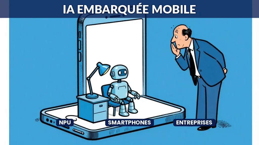Illustration caricaturale d'un robot IA installé confortablement dans un smartphone, observé par un professionnel émerveillé
