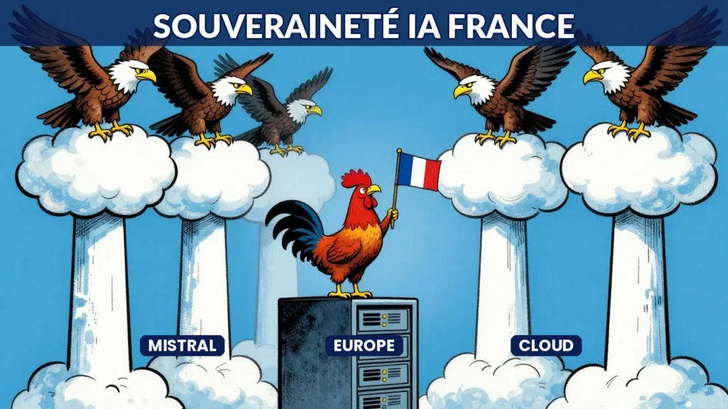Illustration caricaturale coq gaulois face aux aigles americains sur des tours cloud souverainete IA
