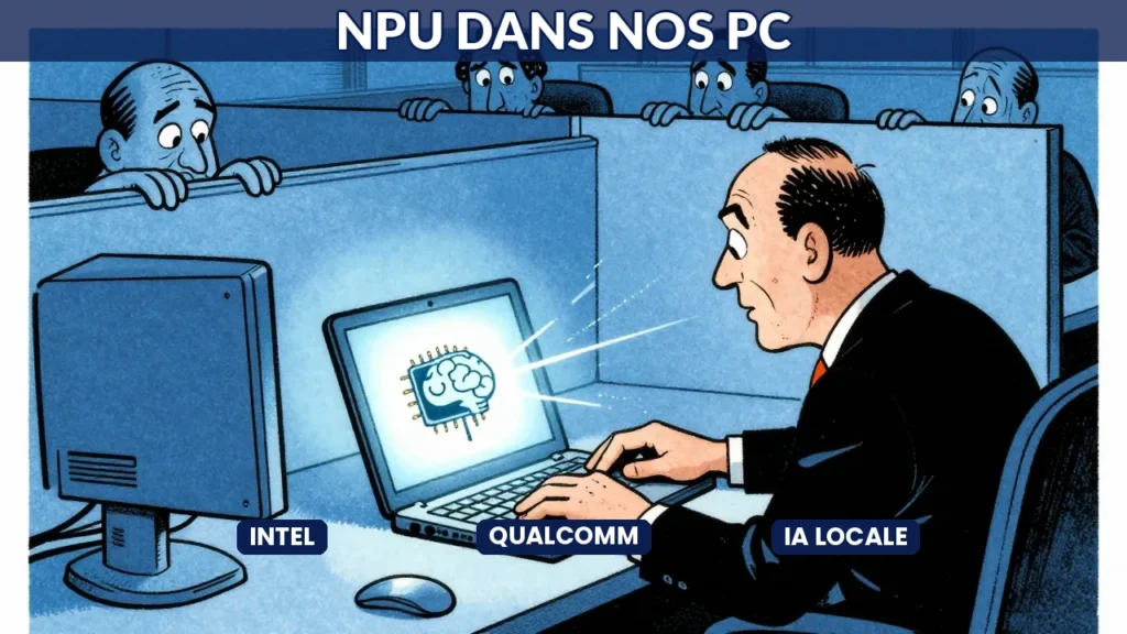 Illustration caricaturale d un businessman découvrant un NPU lumineux dans son ordinateur portable IA