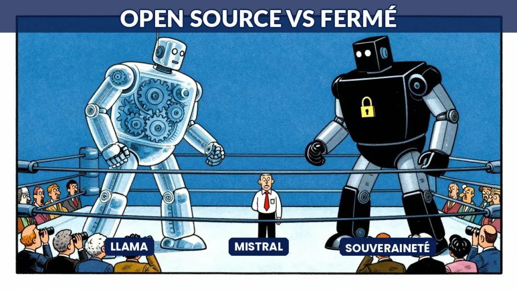 Illustration caricaturale de deux robots IA en combat de boxe open source vs propriétaire devant un public de dirigeants