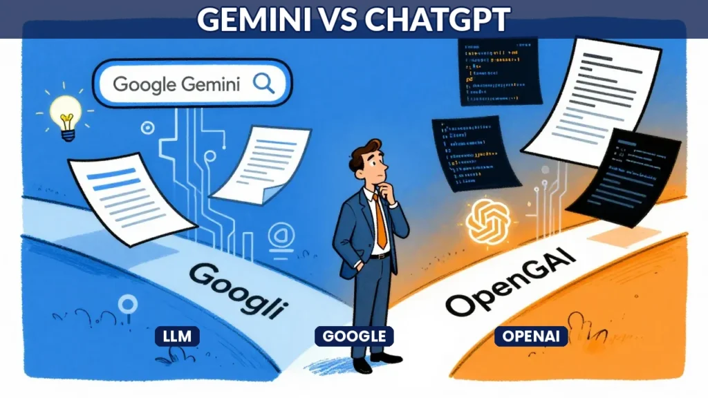 Caricature satirique montrant un homme d'affaires à un carrefour, un chemin bleu Google Gemini et un chemin orange OpenAI ChatGPT avec symboles d'IA et de code