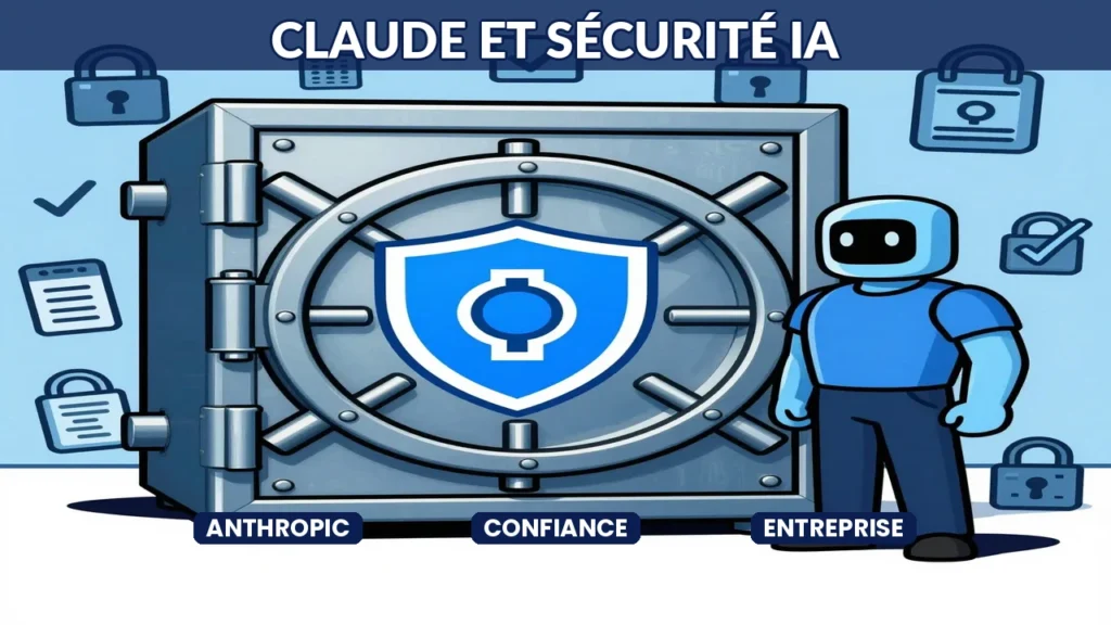 Caricature satirique montrant un coffre-fort blindé avec logo Claude Anthropic et bouclier de sécurité, gardé par un agent IA vigilant, symboles de sécurité et de confiance, style cartoon éditorial bleu et noir