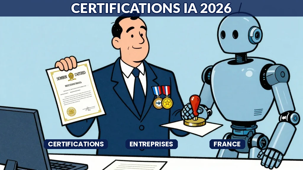 Professionnel arborant des badges de certification IA comme des médailles dans un bureau